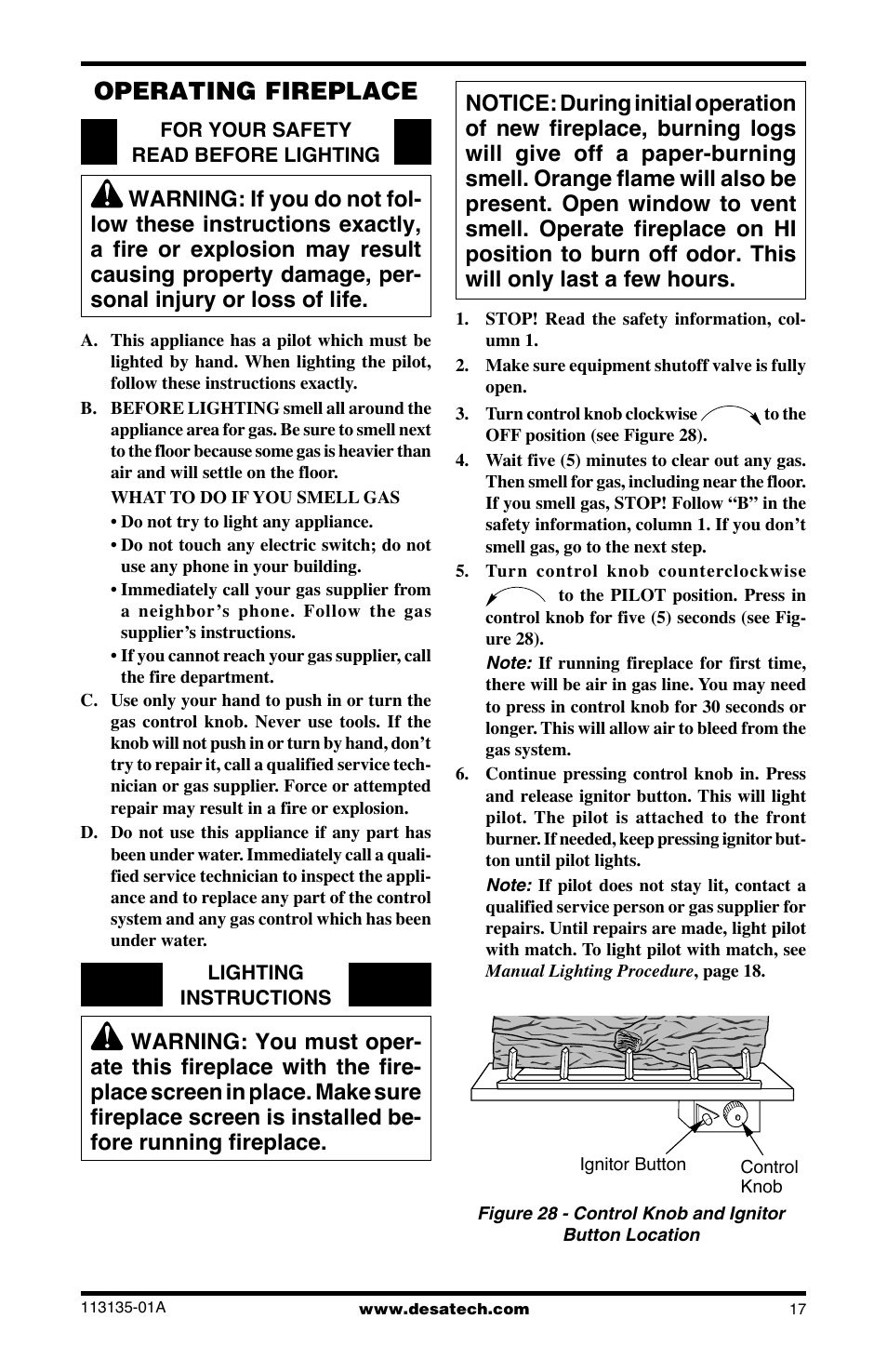 Operating fireplace | Desa VSGF28NTE User Manual | Page 17 / 32
