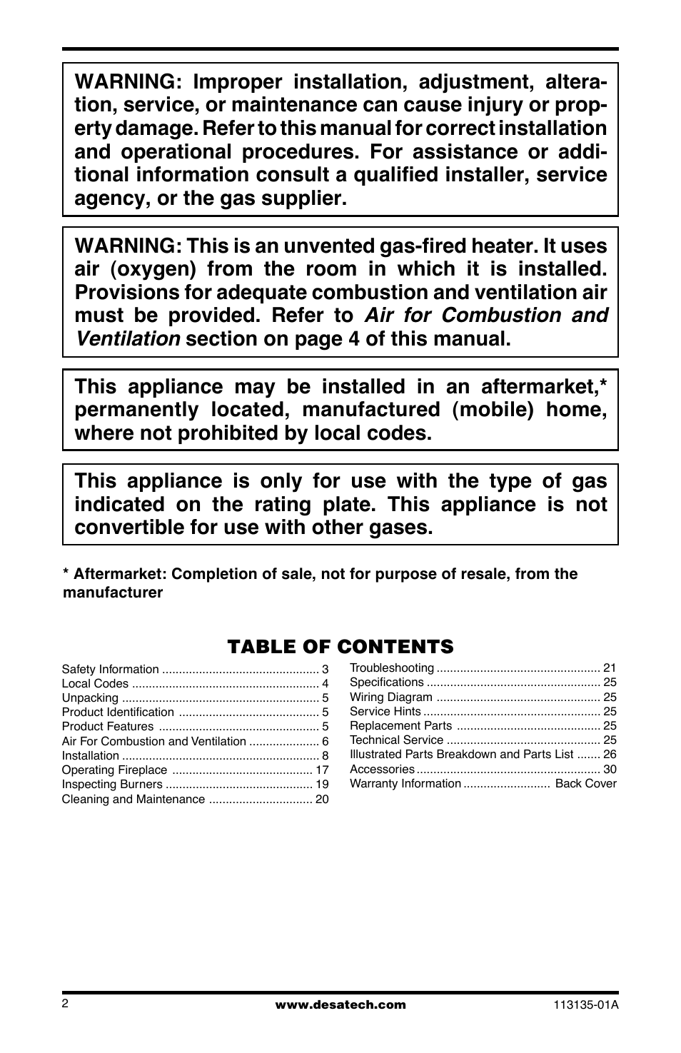 Air for combustion and ventilation | Desa VSGF28NTE User Manual | Page 2 / 32