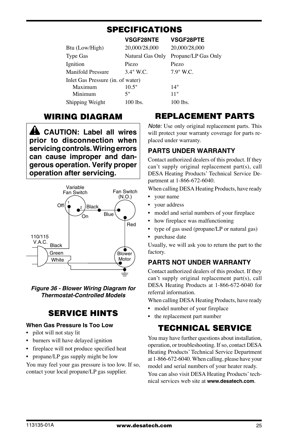 Specifications, Replacement parts, Technical service | Service hints, Wiring diagram | Desa VSGF28NTE User Manual | Page 25 / 32