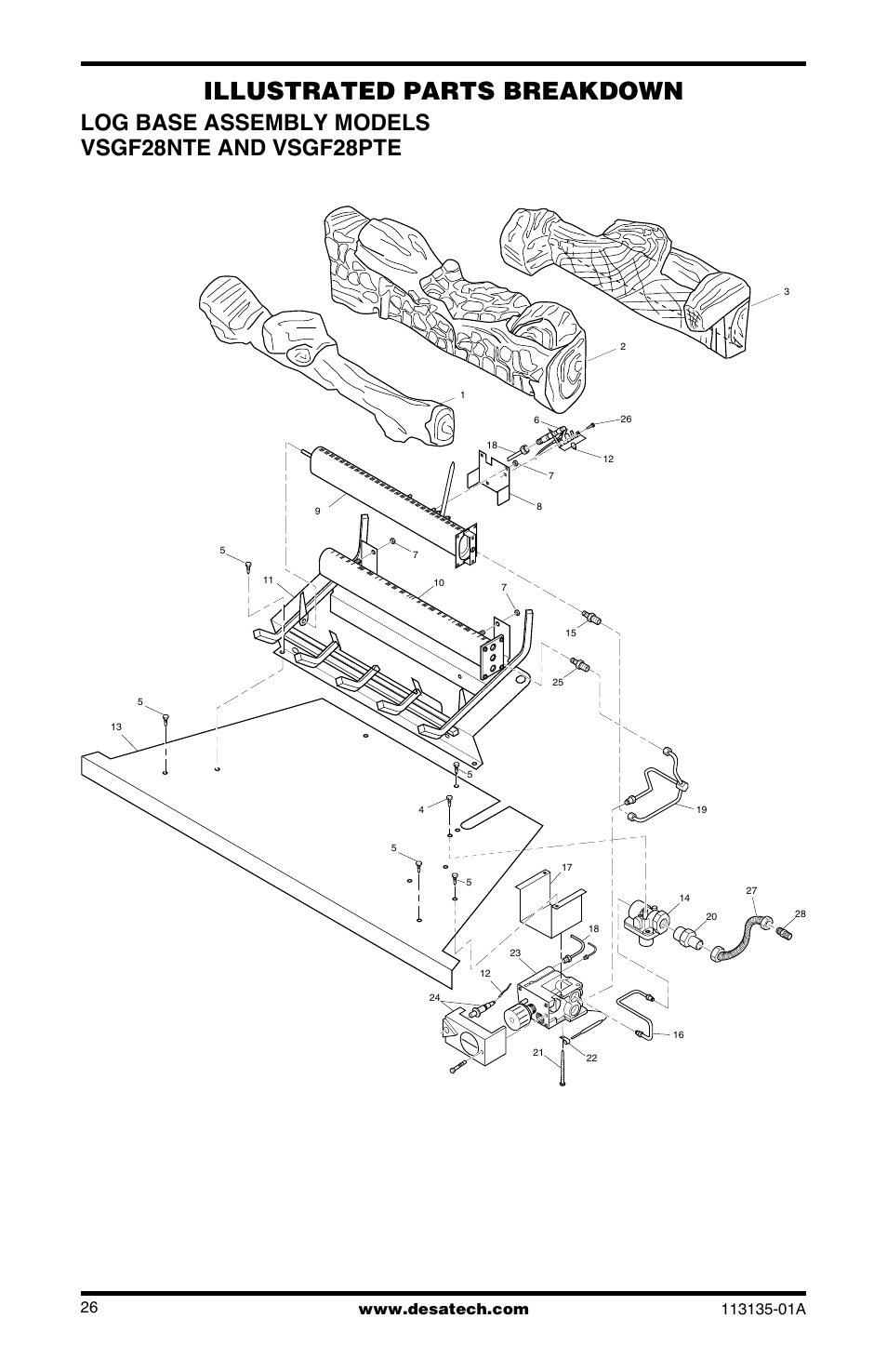 Illustrated parts breakdown, Log base assembly models vsgf28nte and vsgf28pte | Desa VSGF28NTE User Manual | Page 26 / 32