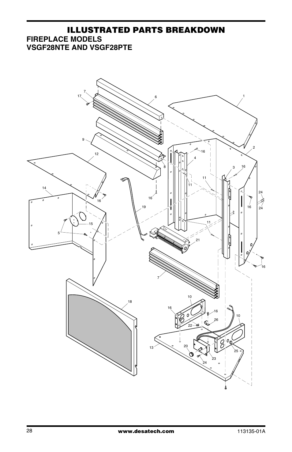 Illustrated parts breakdown, Fireplace models vsgf28nte and vsgf28pte | Desa VSGF28NTE User Manual | Page 28 / 32