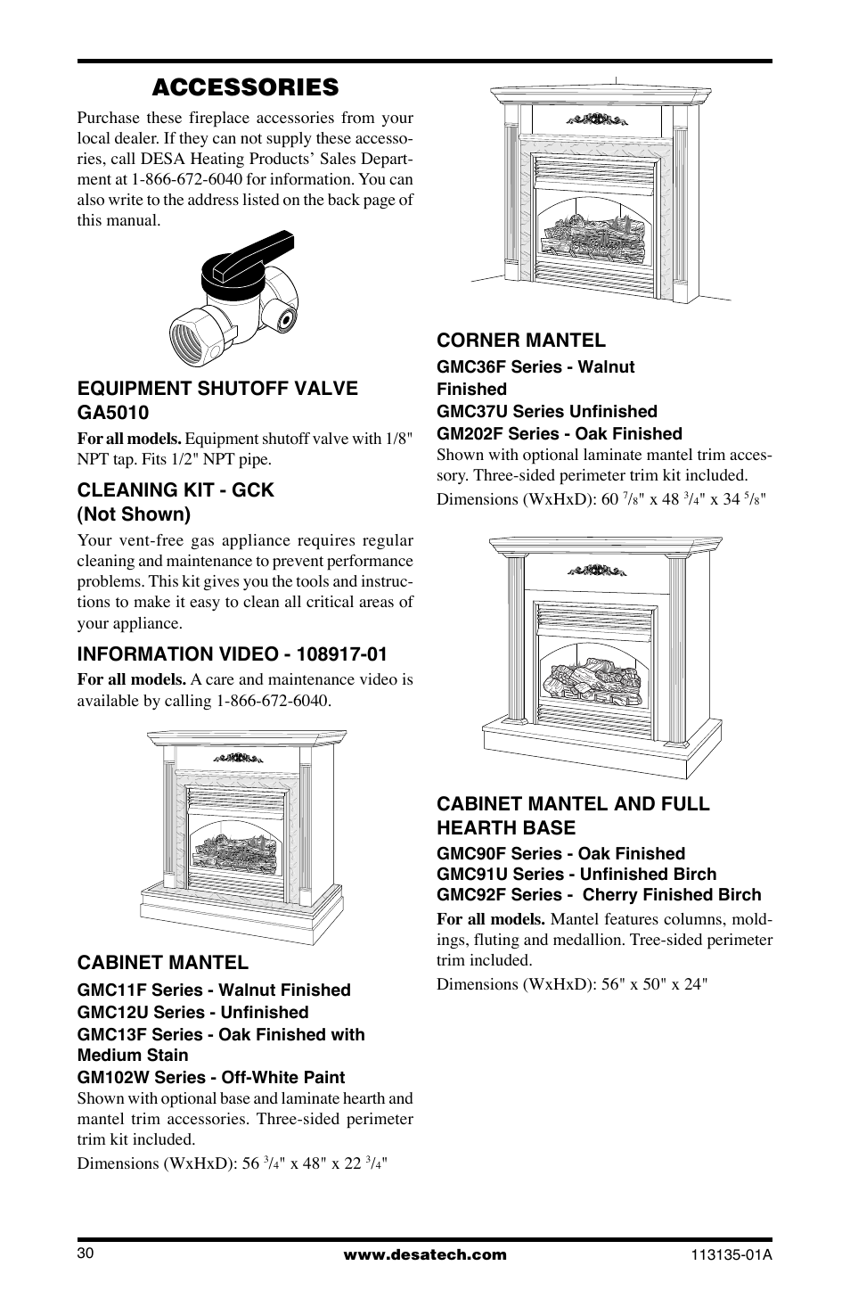 Accessories, Equipment shutoff valve ga5010, Cleaning kit - gck (not shown) | Cabinet mantel, Corner mantel, Cabinet mantel and full hearth base, X 48" x 22, X 48, X 34 | Desa VSGF28NTE User Manual | Page 30 / 32