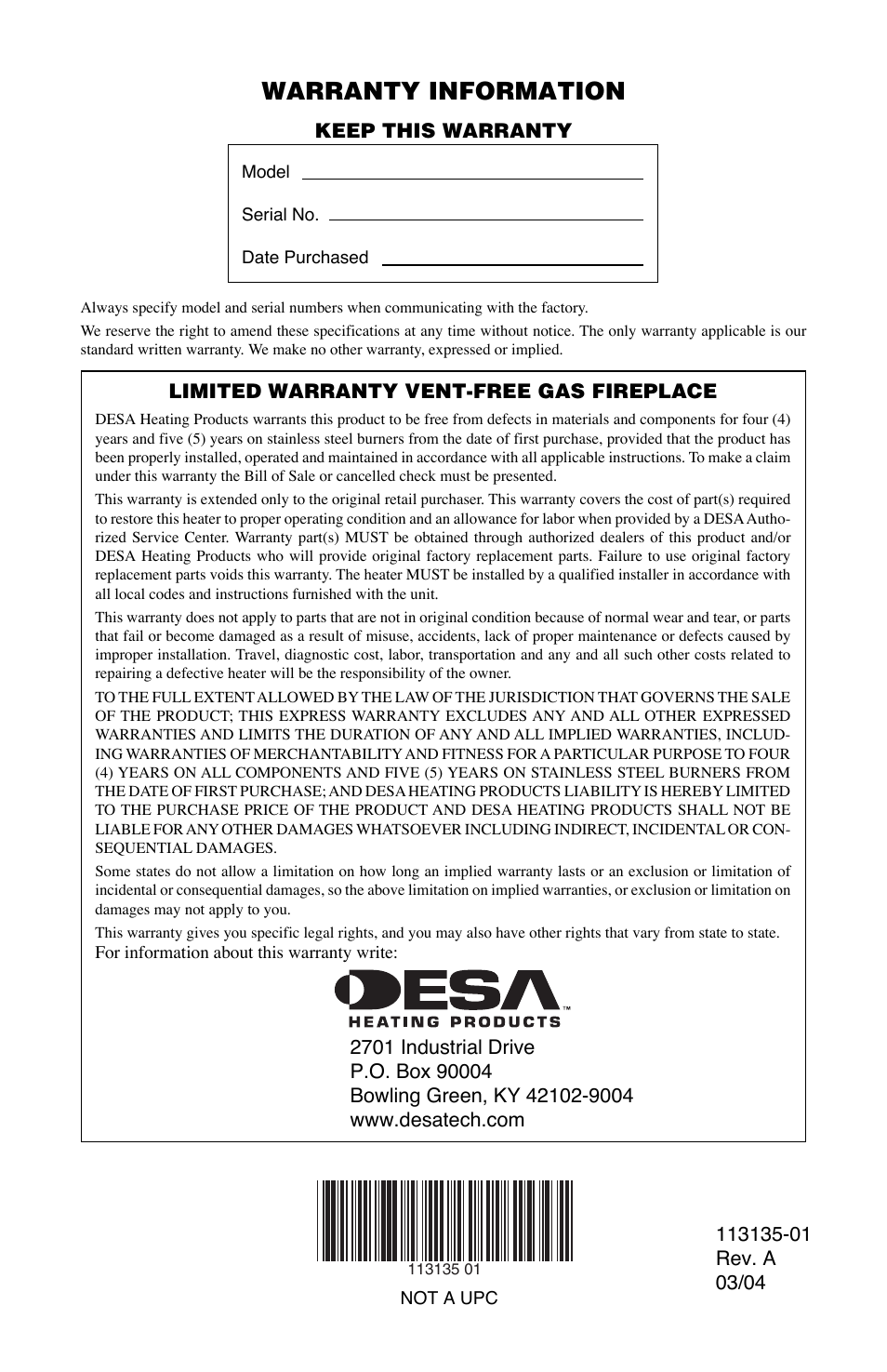 Warranty information | Desa VSGF28NTE User Manual | Page 32 / 32