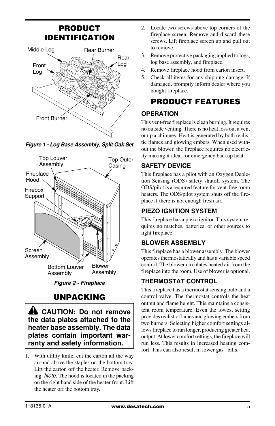 Unpacking, Product identification, Product features | Desa VSGF28NTE User Manual | Page 5 / 32