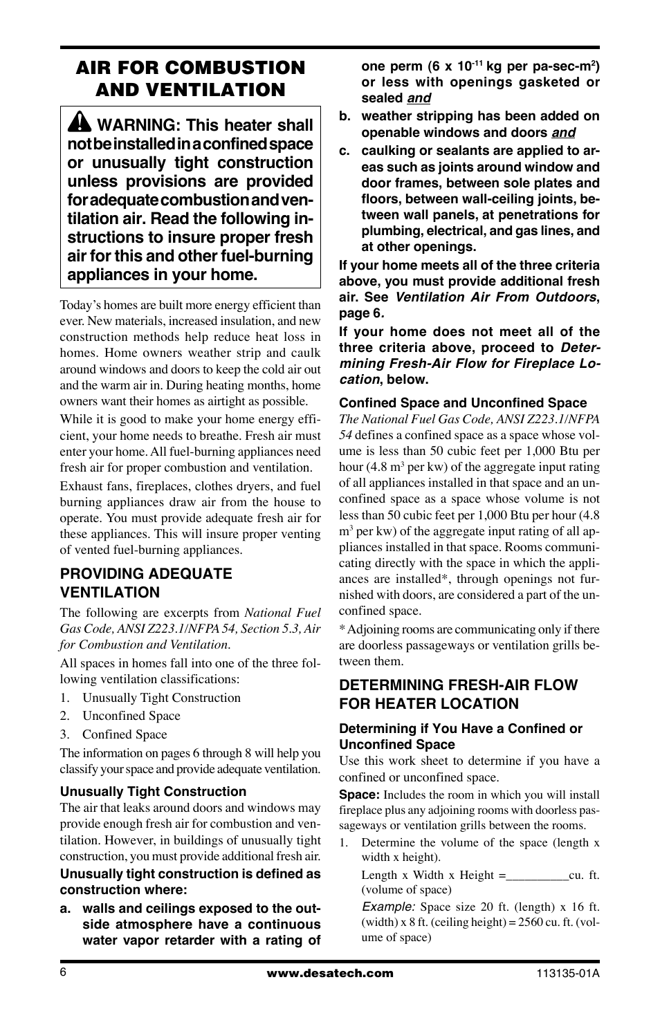 Air for combustion and ventilation | Desa VSGF28NTE User Manual | Page 6 / 32