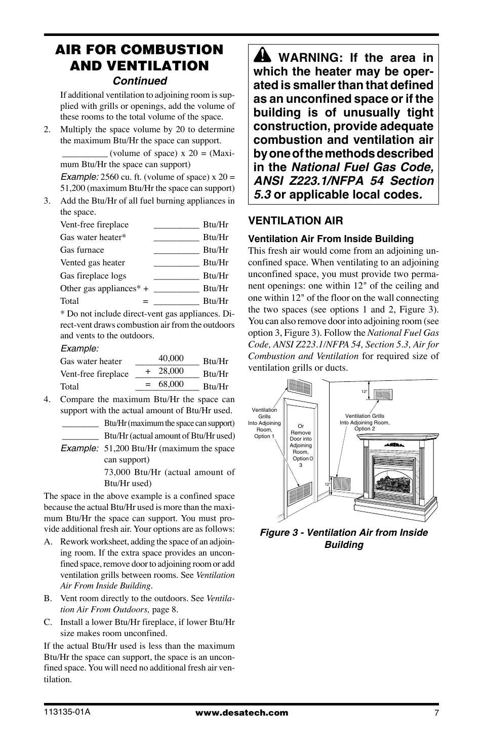 Air for combustion and ventilation, Continued, Ventilation air | Desa VSGF28NTE User Manual | Page 7 / 32