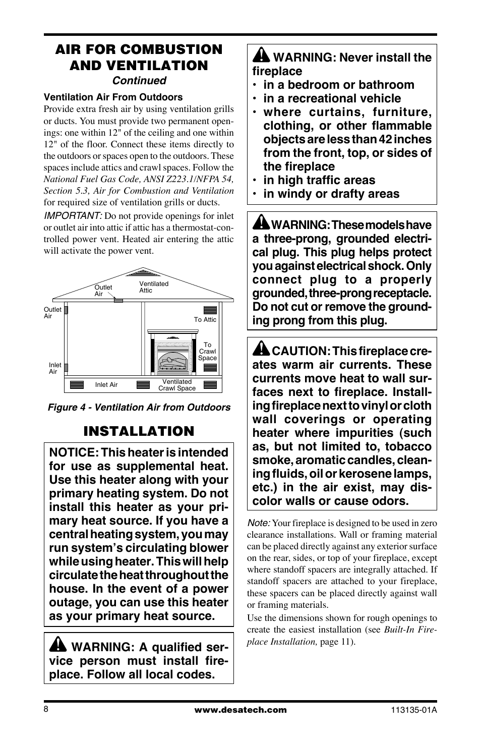 Air for combustion and ventilation, Installation, Continued | Desa VSGF28NTE User Manual | Page 8 / 32