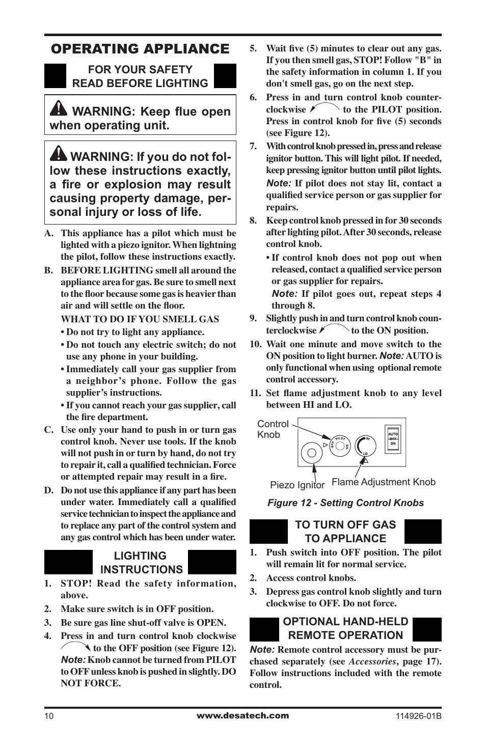 Operating appliance | Desa VTDMV24PA User Manual | Page 10 / 20