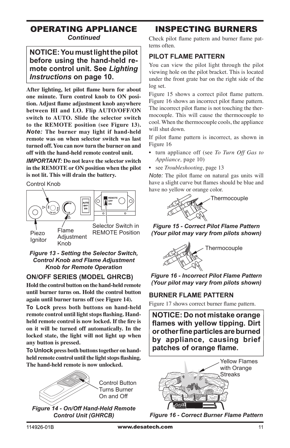 Inspecting burners, Operating appliance | Desa VTDMV24PA User Manual | Page 11 / 20