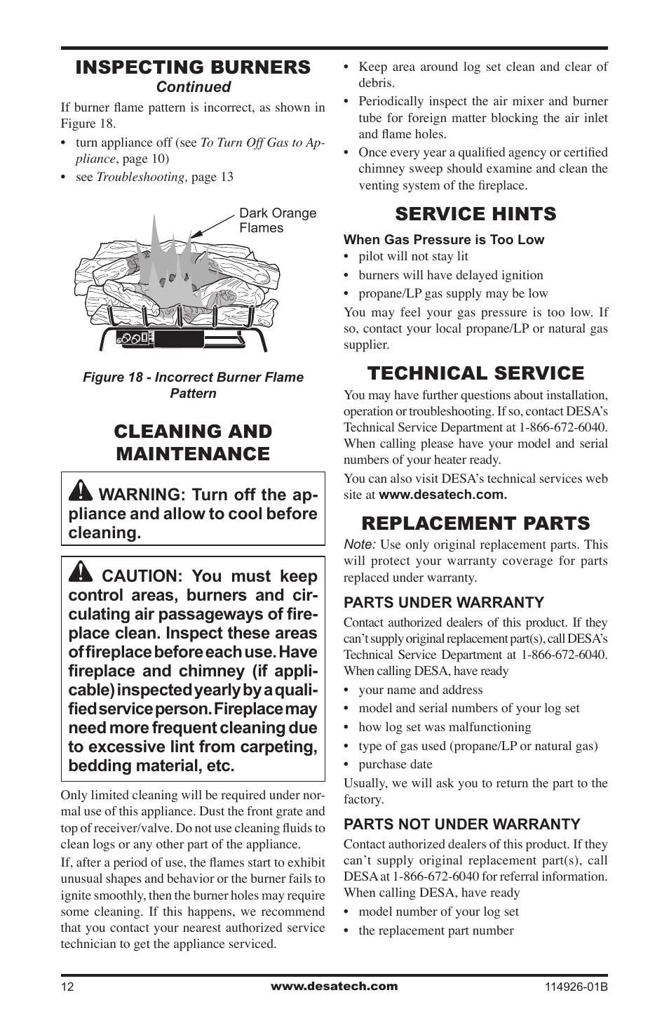 Cleaning and maintenance, Service hints, Technical service | Replacement parts, Inspecting burners | Desa VTDMV24PA User Manual | Page 12 / 20