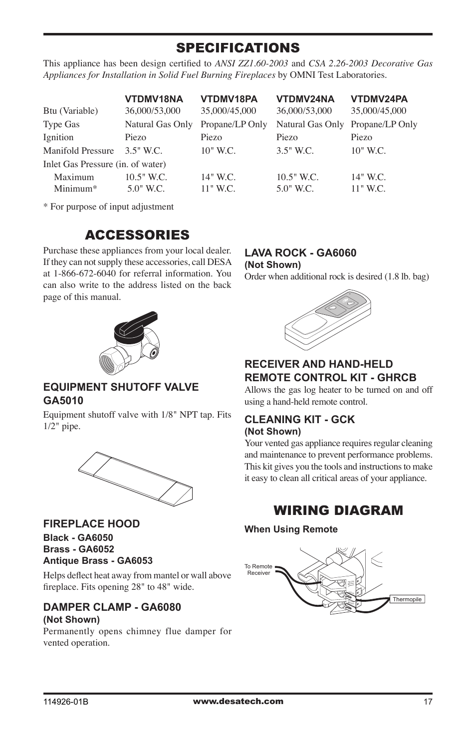 Specifications, Accessories, Wiring diagram | Desa VTDMV24PA User Manual | Page 17 / 20