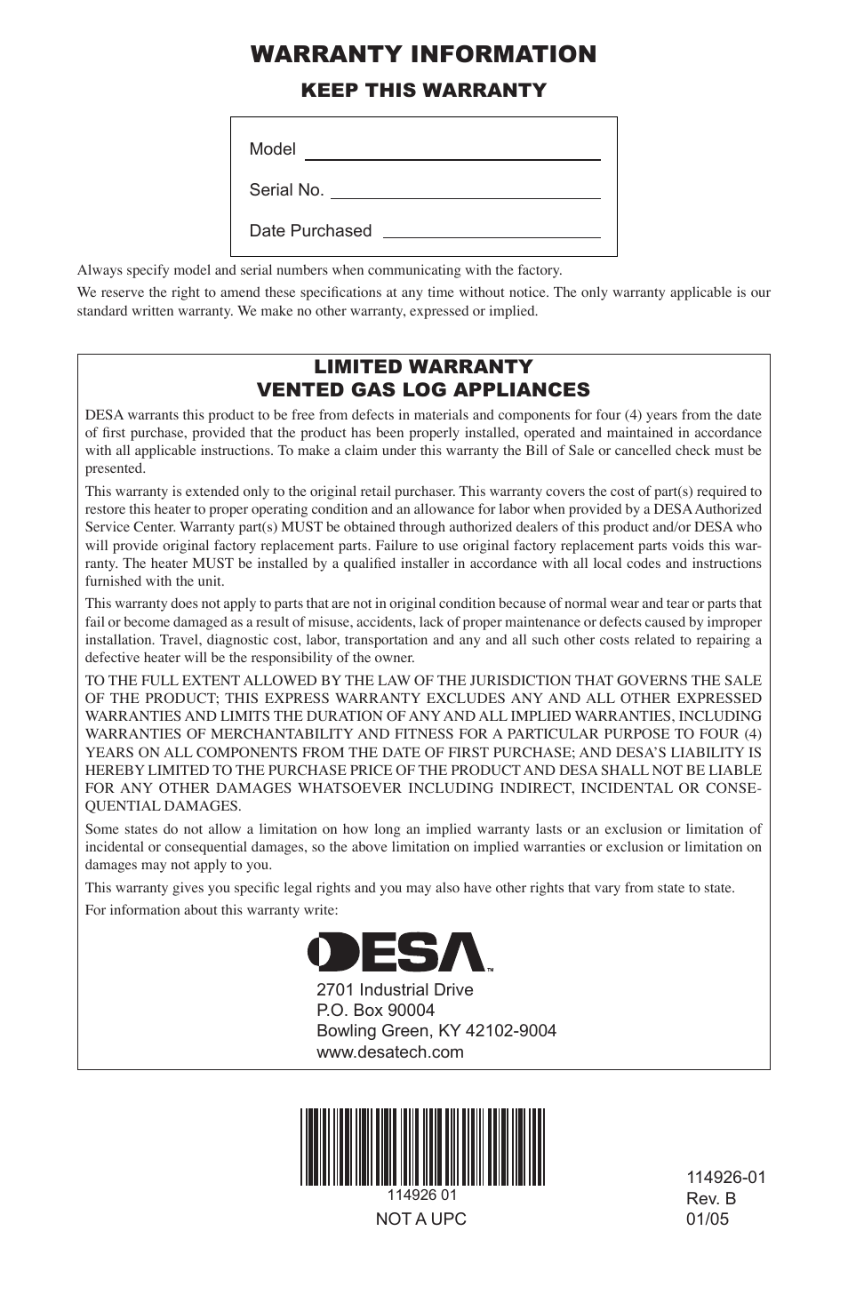 Warranty information, Keep this warranty, Limited warranty vented gas log appliances | Desa VTDMV24PA User Manual | Page 20 / 20