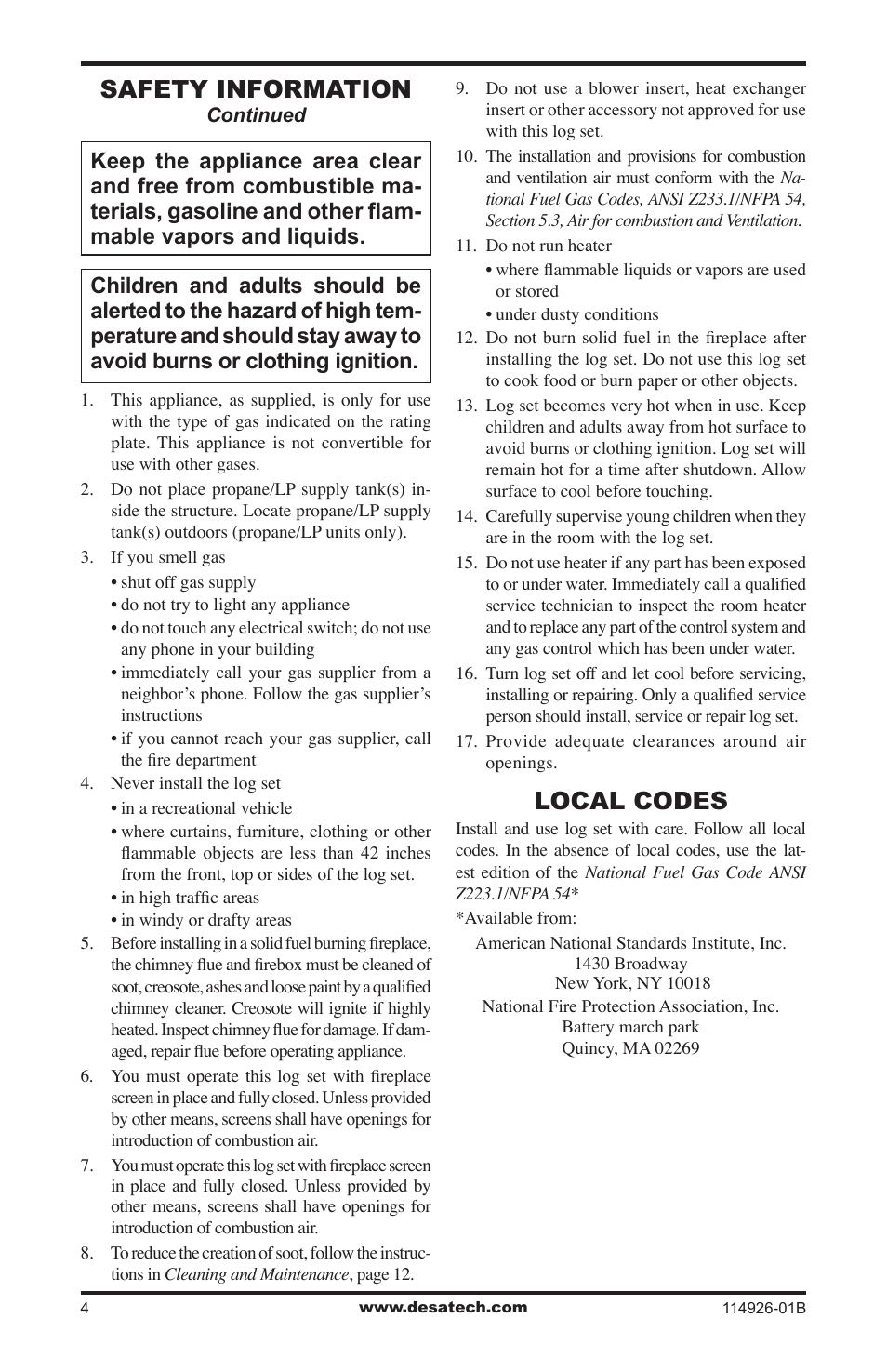 Local codes, Safety information | Desa VTDMV24PA User Manual | Page 4 / 20