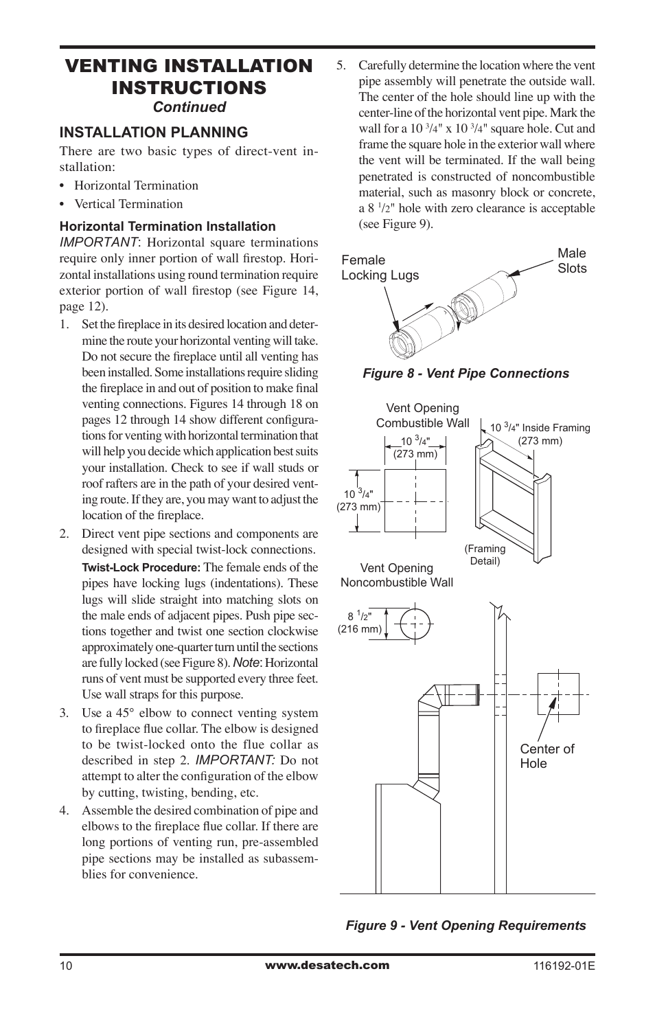 Venting installation instructions, Installation planning, Continued | Desa TC36N User Manual | Page 10 / 44