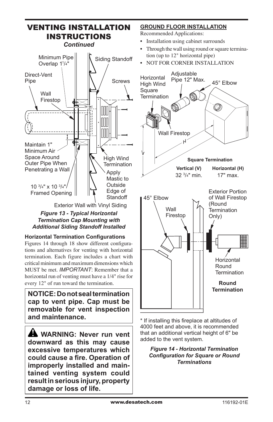 Venting installation instructions | Desa TC36N User Manual | Page 12 / 44