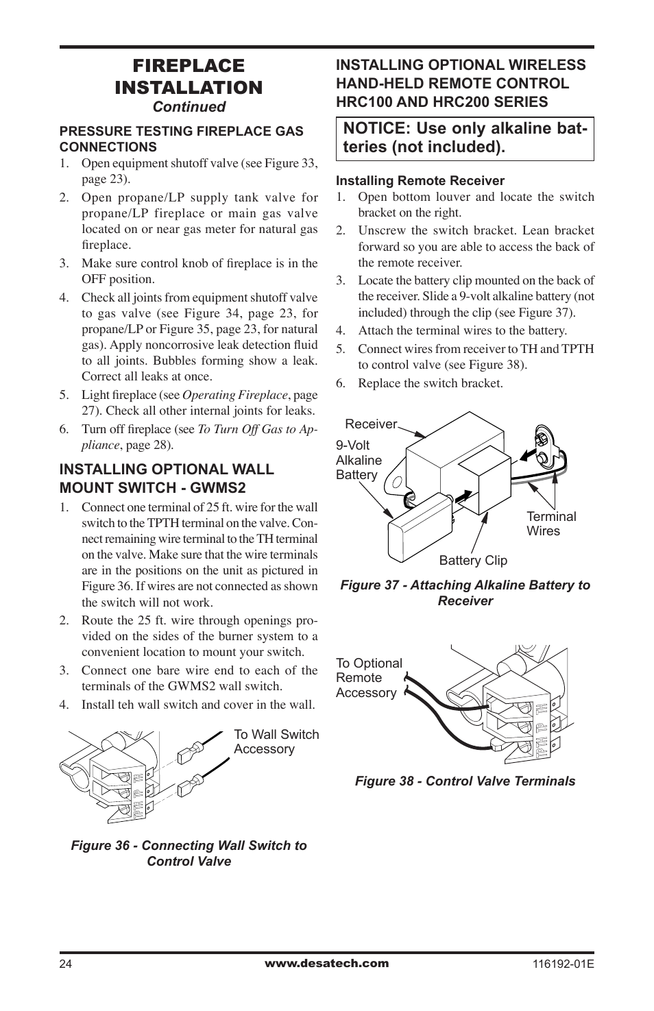 Fireplace installation | Desa TC36N User Manual | Page 24 / 44