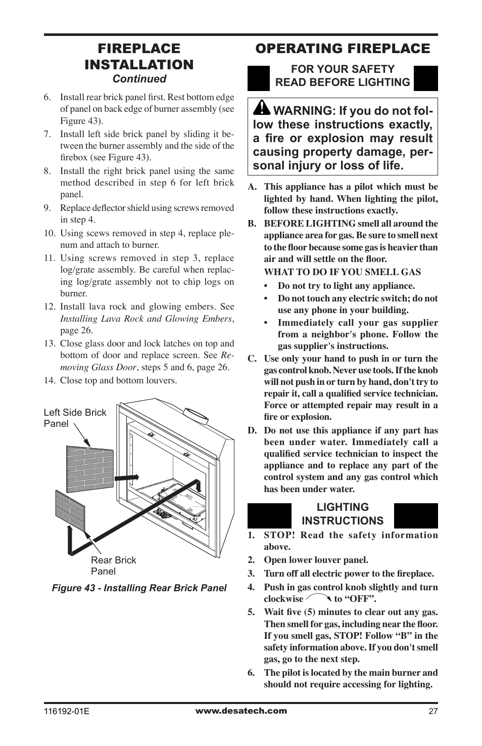 Operating fireplace, Fireplace installation | Desa TC36N User Manual | Page 27 / 44