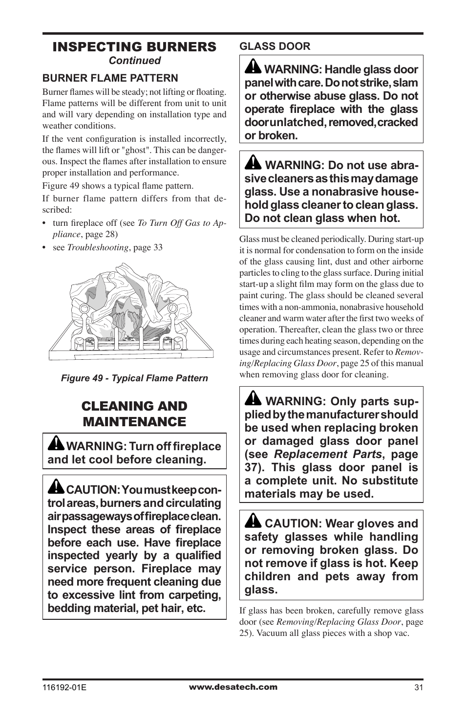 Cleaning and maintenance, Inspecting burners | Desa TC36N User Manual | Page 31 / 44