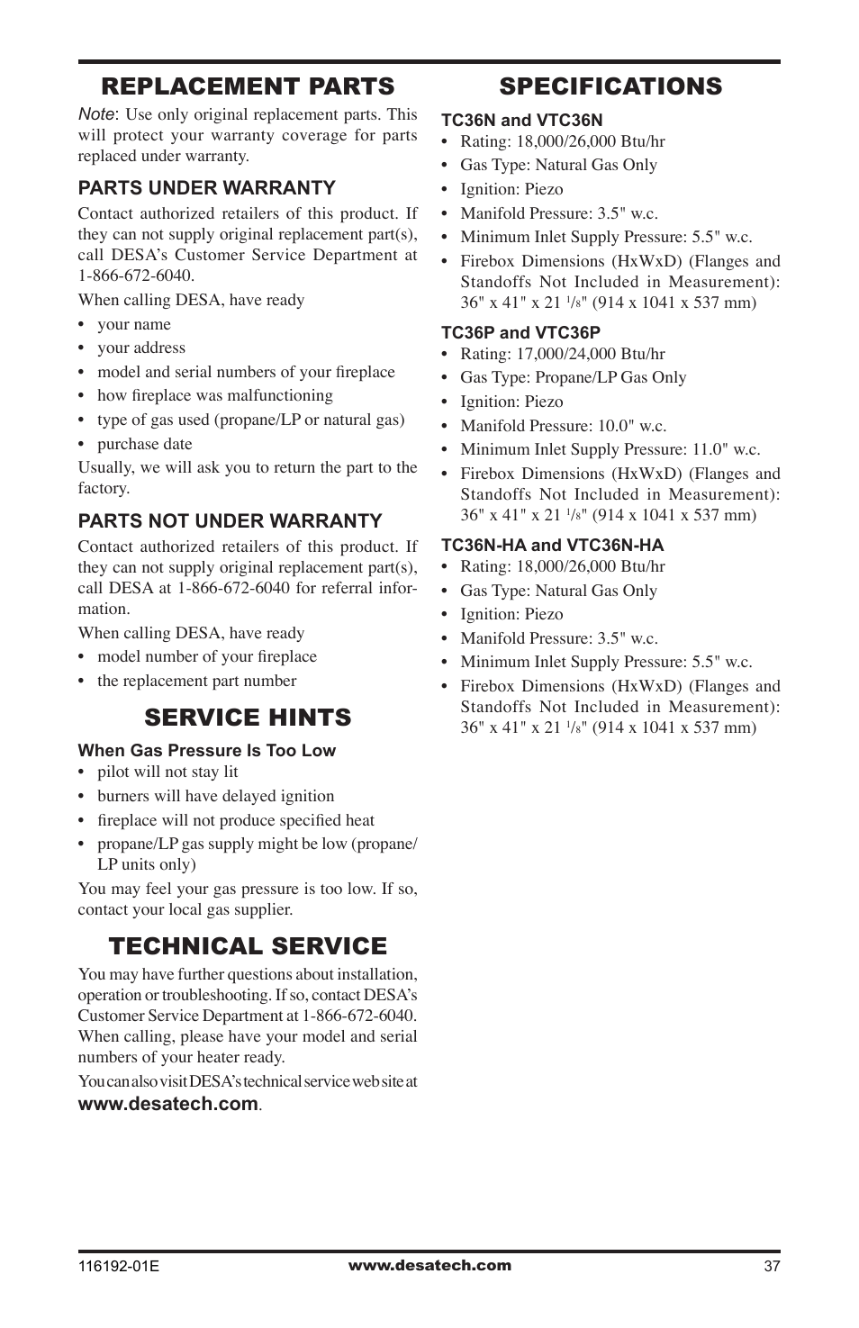 Replacement parts, Service hints, Technical service | Specifications | Desa TC36N User Manual | Page 37 / 44