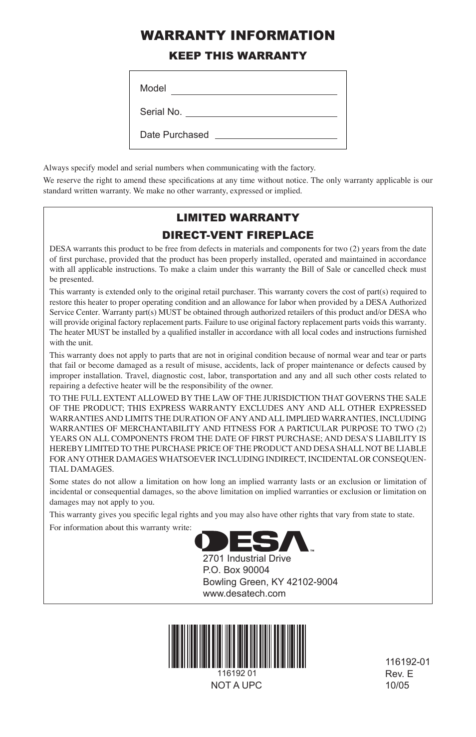 Warranty information, Keep this warranty, Limited warranty direct-vent fireplace | Desa TC36N User Manual | Page 44 / 44