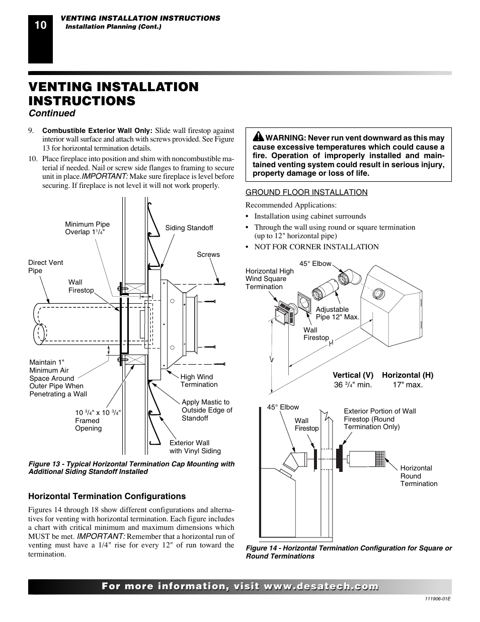 Venting installation instructions, Continued | Desa CHDV42NR-B User Manual | Page 10 / 42