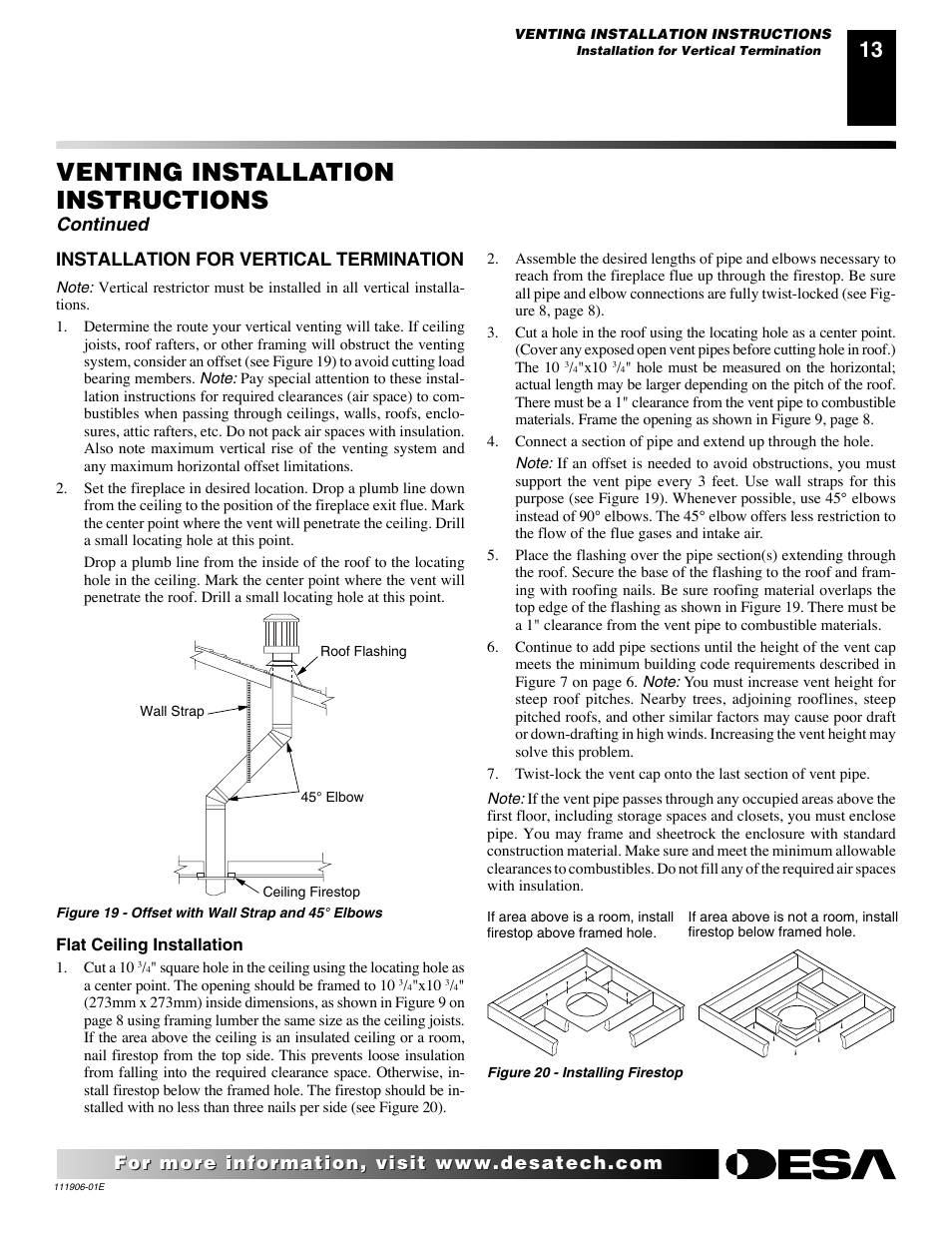 Venting installation instructions, Continued, Installation for vertical termination | Desa CHDV42NR-B User Manual | Page 13 / 42