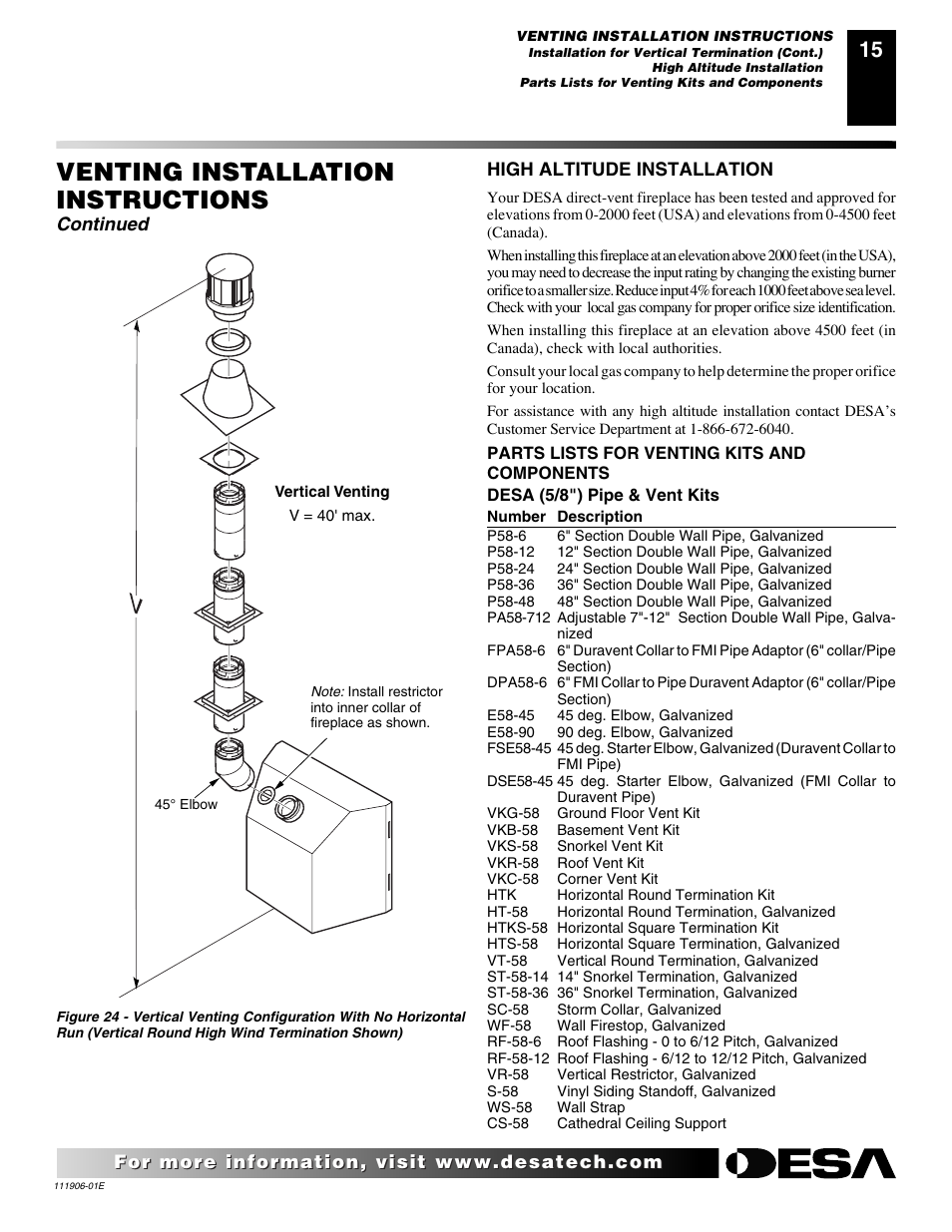 Venting installation instructions, Continued, High altitude installation | Desa CHDV42NR-B User Manual | Page 15 / 42