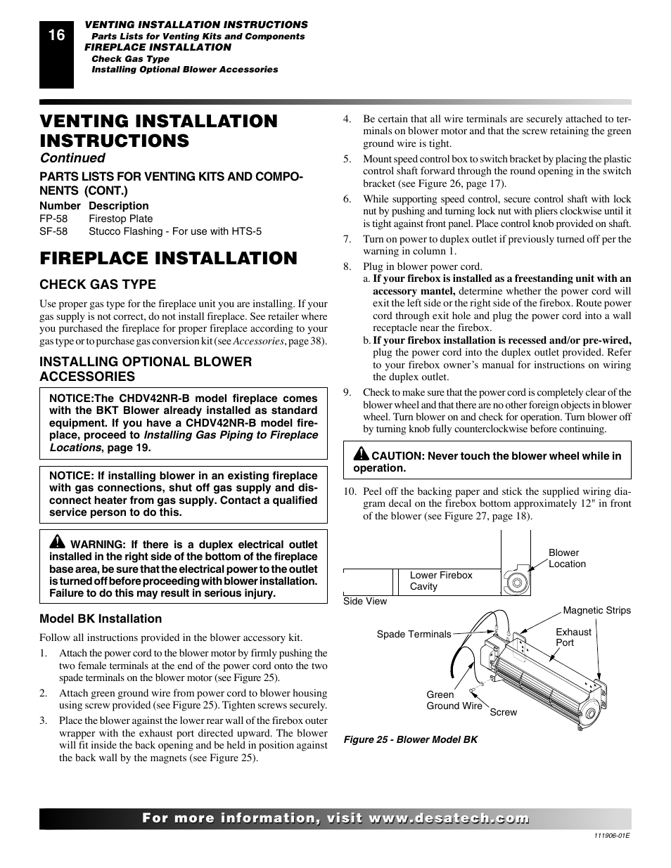 Fireplace installation, Venting installation instructions, Continued | Desa CHDV42NR-B User Manual | Page 16 / 42