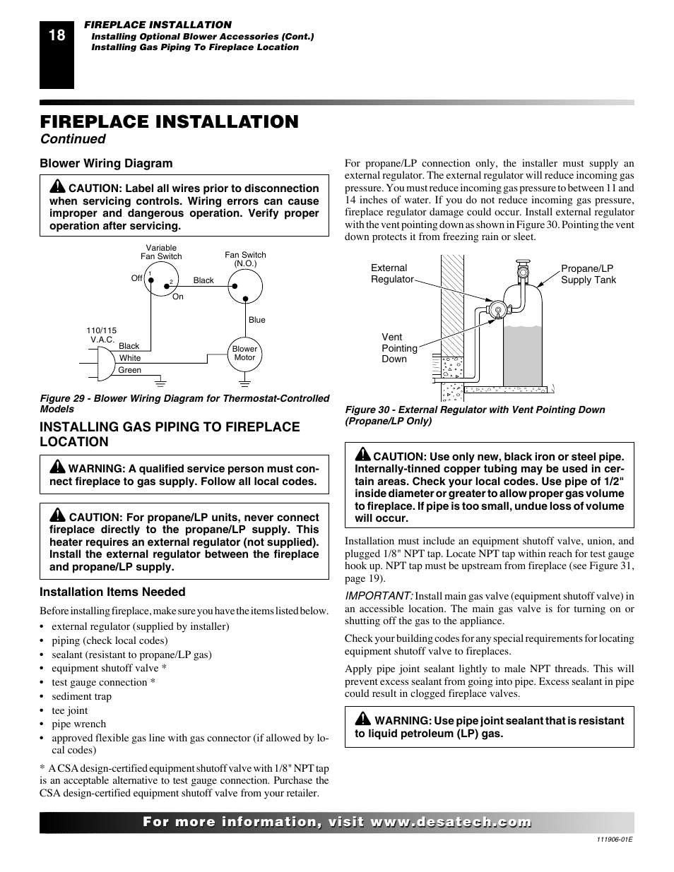 Fireplace installation, Continued, Installing gas piping to fireplace location | Desa CHDV42NR-B User Manual | Page 18 / 42