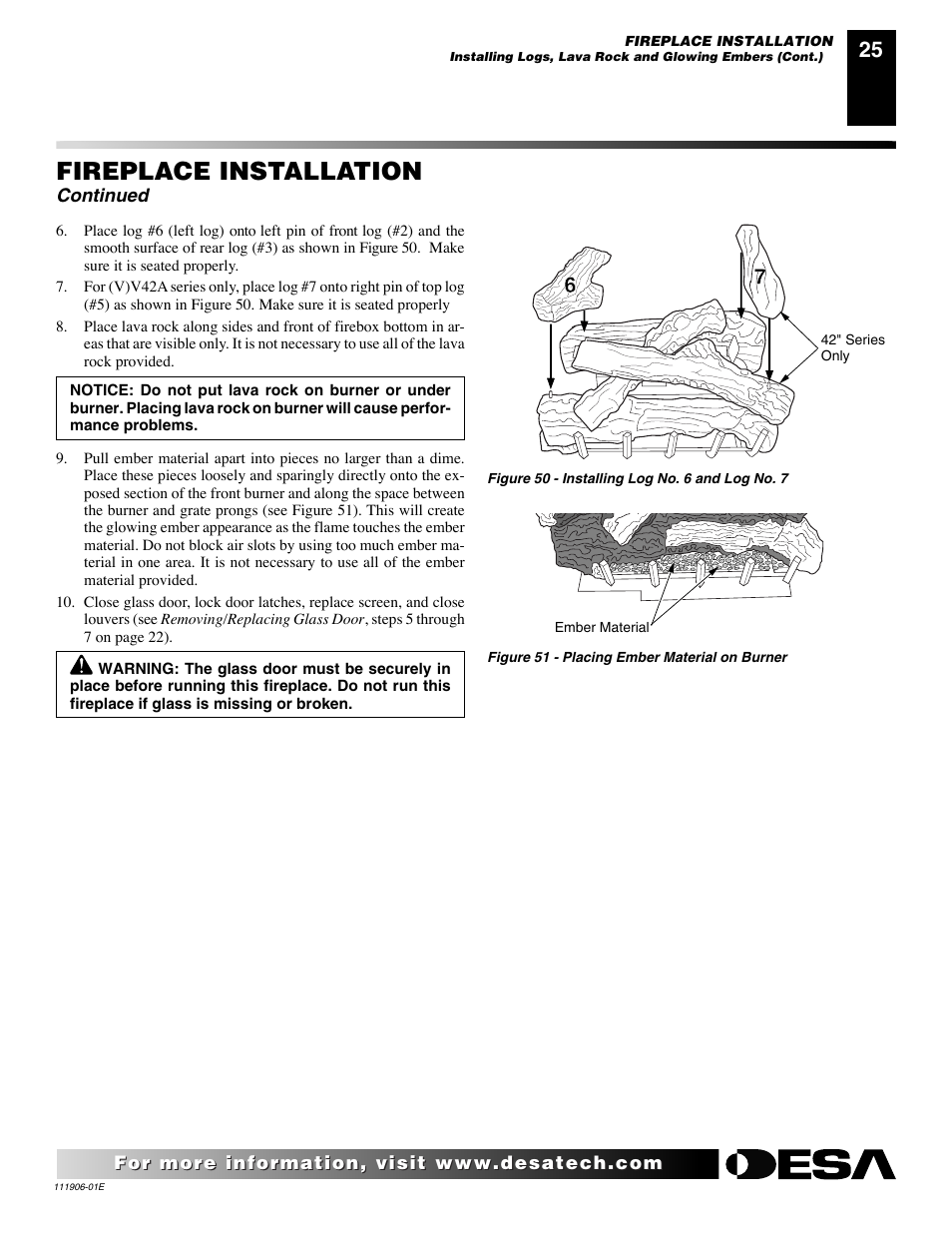 Fireplace installation | Desa CHDV42NR-B User Manual | Page 25 / 42