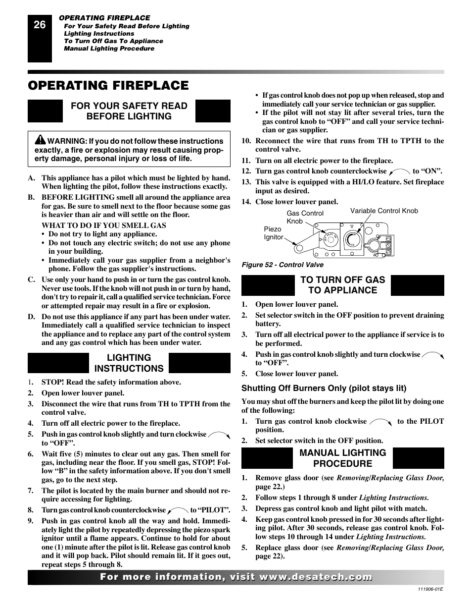 Operating fireplace, Manual lighting procedure | Desa CHDV42NR-B User Manual | Page 26 / 42