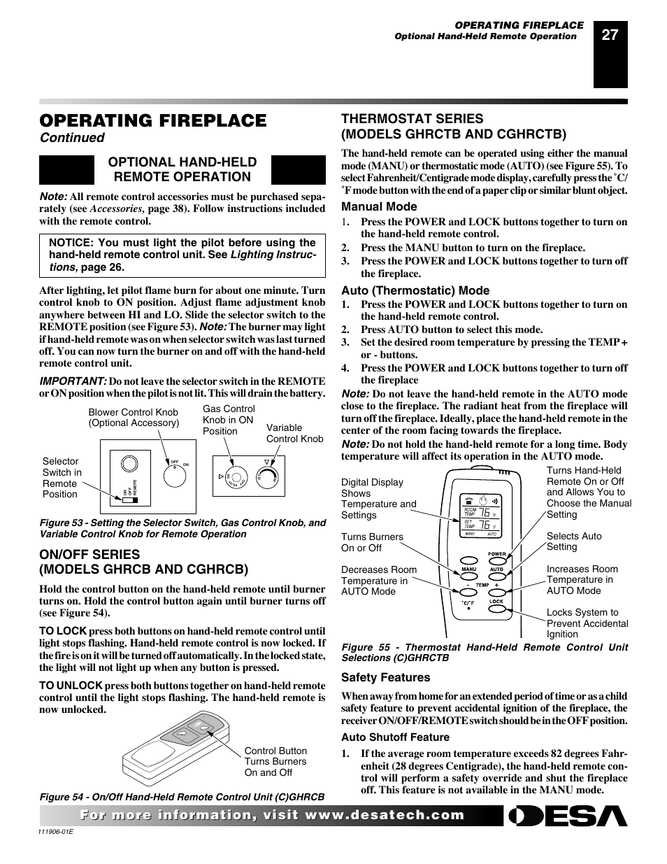 Operating fireplace, Continued, Optional hand-held remote operation | On/off series (models ghrcb and cghrcb), Thermostat series (models ghrctb and cghrctb), Manual mode, Auto (thermostatic) mode, Safety features | Desa CHDV42NR-B User Manual | Page 27 / 42
