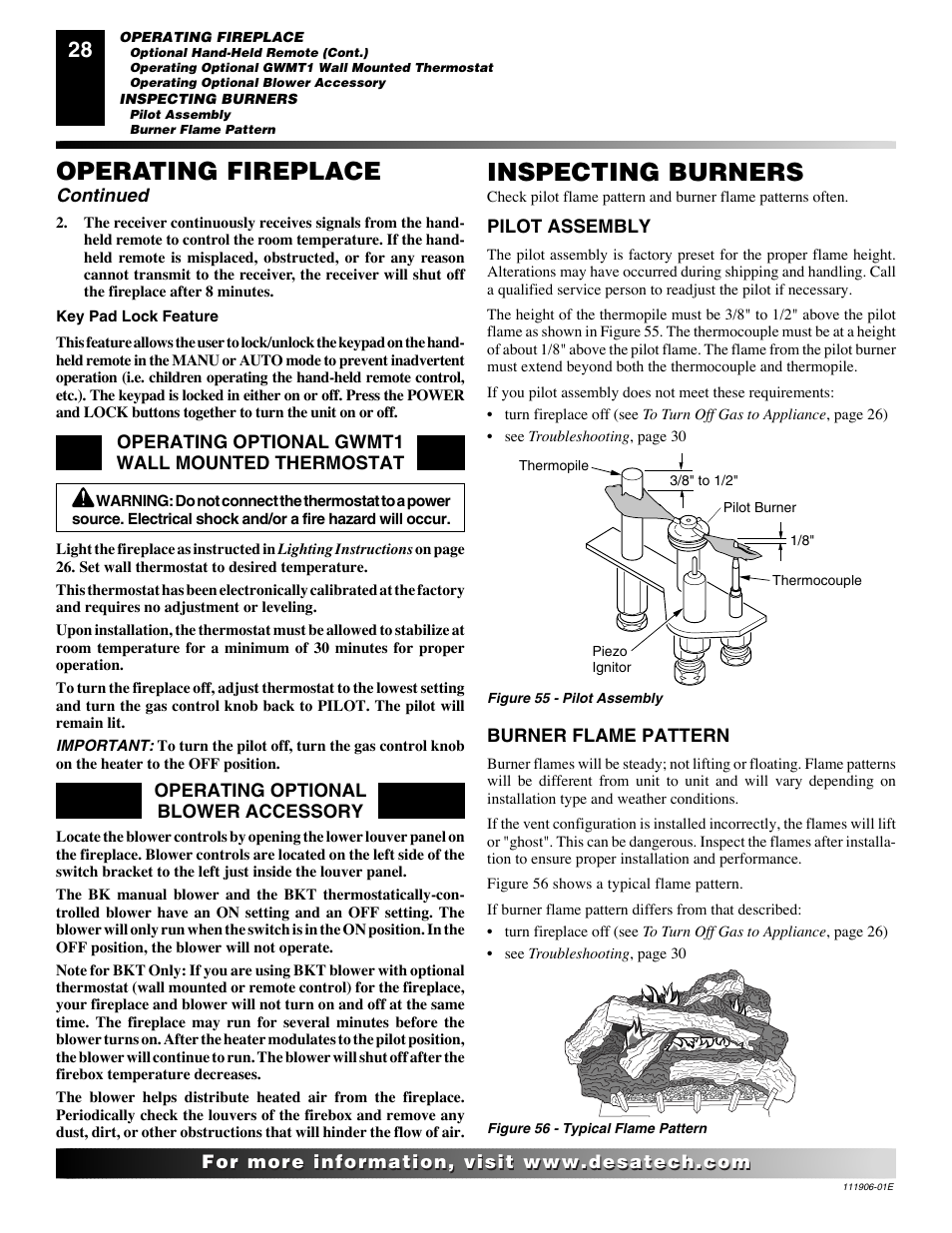 Operating fireplace, Inspecting burners | Desa CHDV42NR-B User Manual | Page 28 / 42