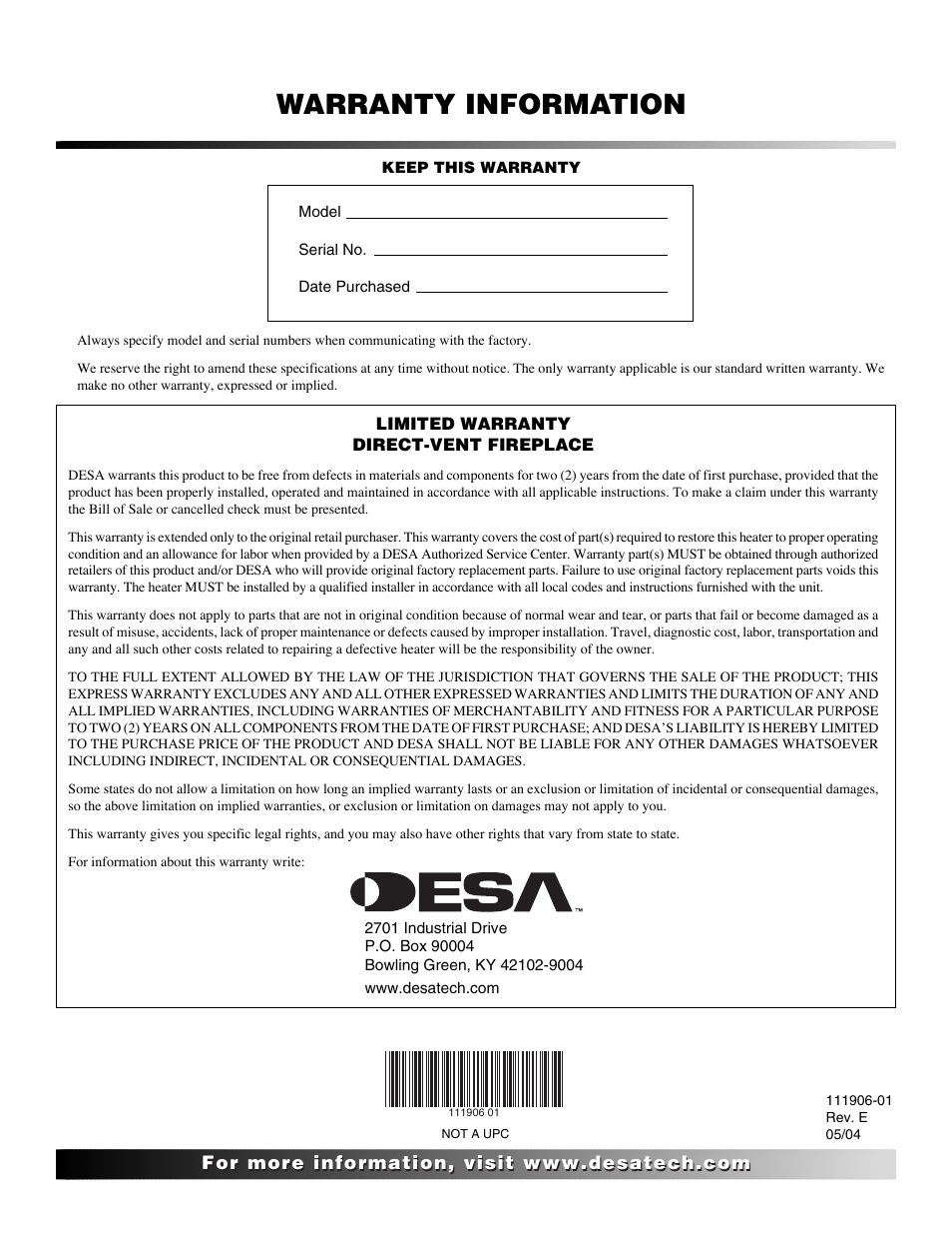 Warranty information | Desa CHDV42NR-B User Manual | Page 42 / 42