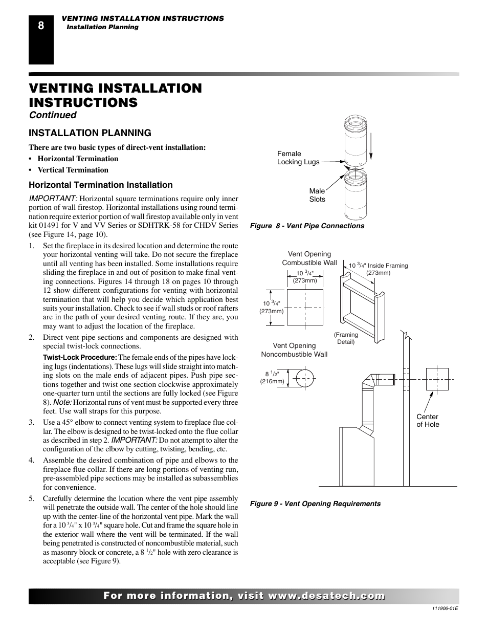 Venting installation instructions, Continued, Installation planning | Horizontal termination installation | Desa CHDV42NR-B User Manual | Page 8 / 42