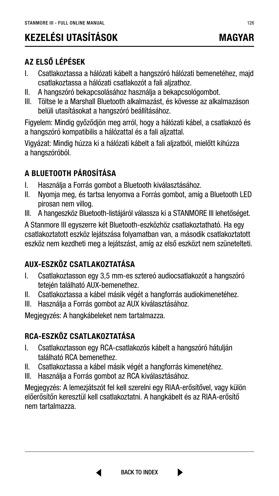 Kezelési utasítások magyar | Marshall Stanmore III Bluetooth Speaker System (Black) User Manual | Page 126 / 307