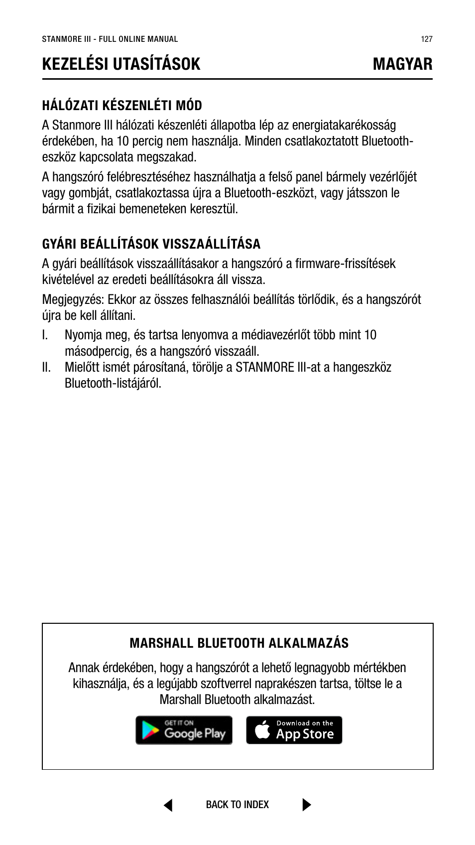 Kezelési utasítások magyar | Marshall Stanmore III Bluetooth Speaker System (Black) User Manual | Page 127 / 307