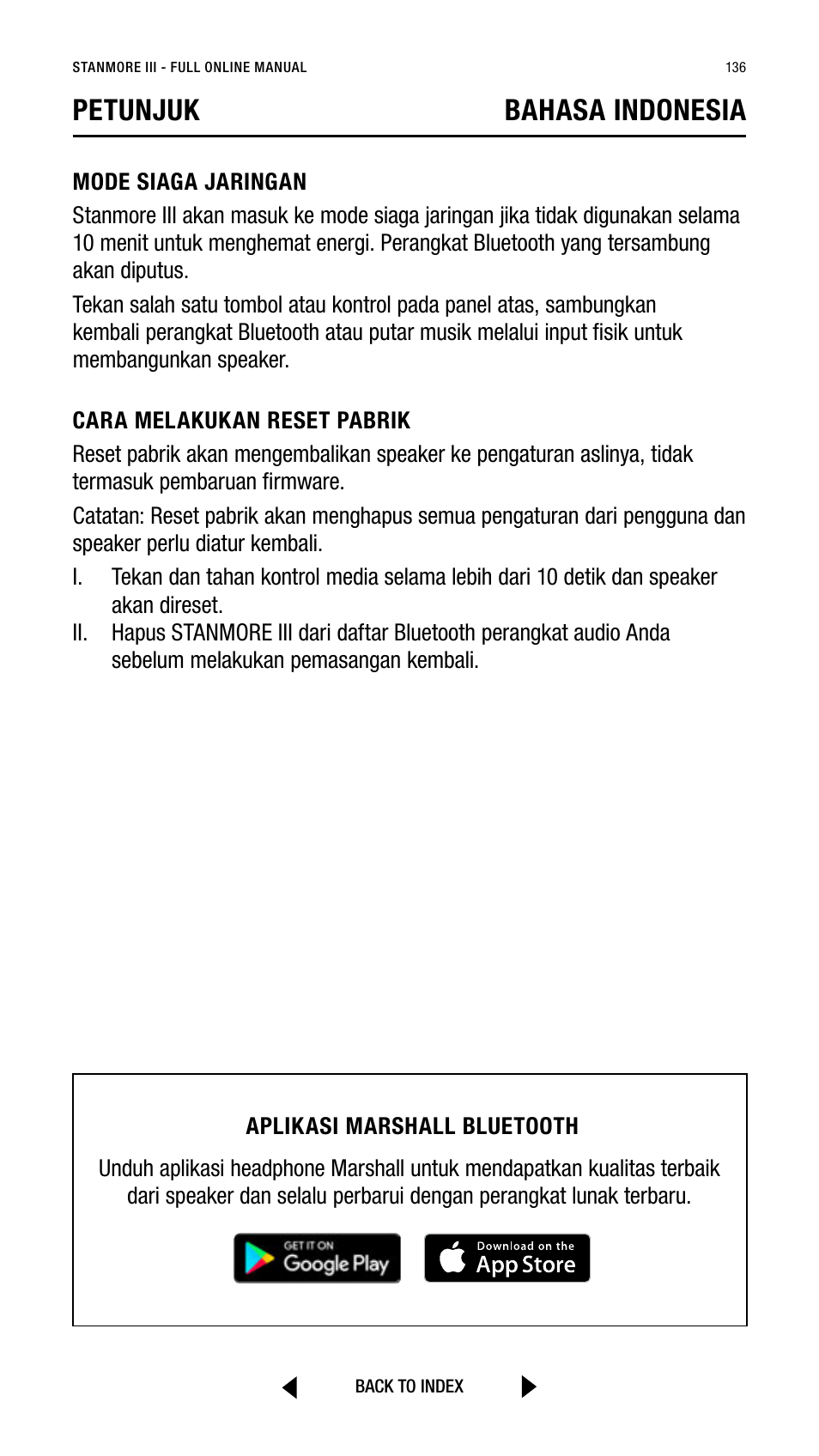 Petunjuk bahasa indonesia | Marshall Stanmore III Bluetooth Speaker System (Black) User Manual | Page 136 / 307