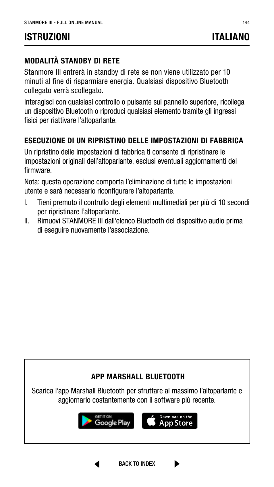 Istruzioni italiano | Marshall Stanmore III Bluetooth Speaker System (Black) User Manual | Page 144 / 307