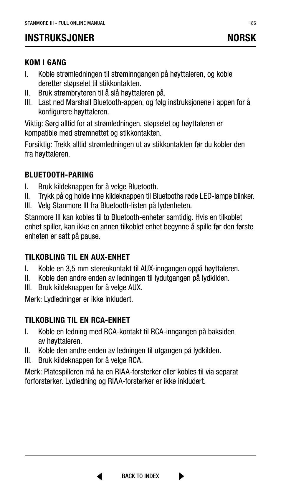 Instruksjoner norsk | Marshall Stanmore III Bluetooth Speaker System (Black) User Manual | Page 186 / 307