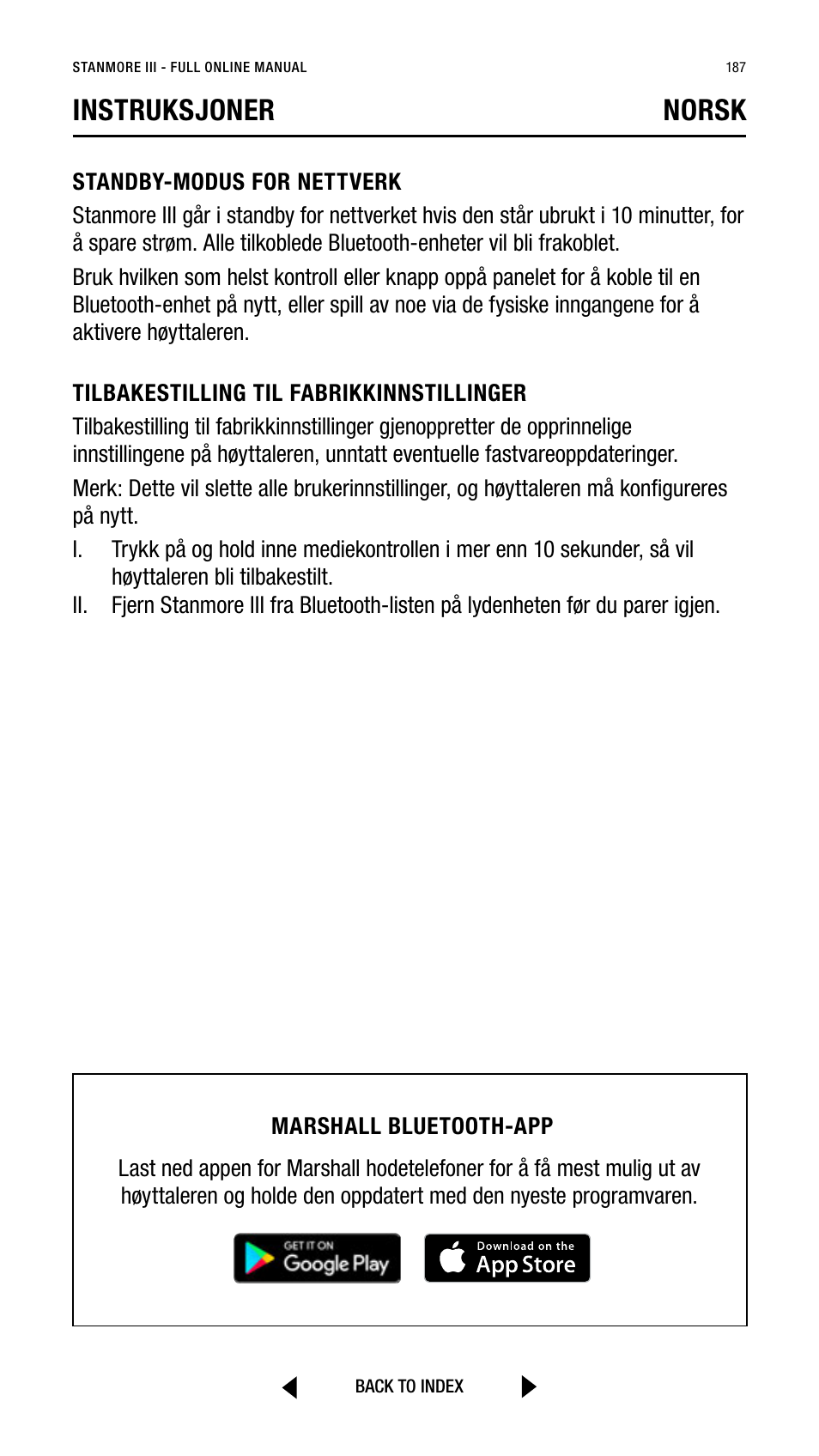 Instruksjoner norsk | Marshall Stanmore III Bluetooth Speaker System (Black) User Manual | Page 187 / 307