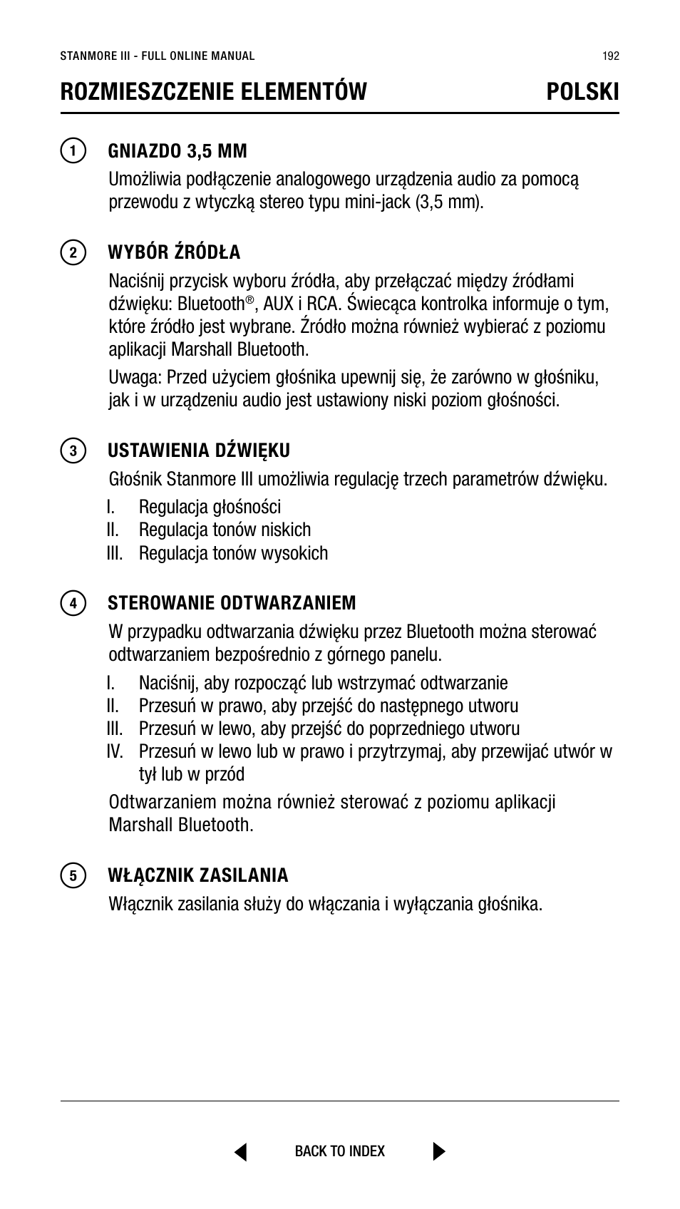 Rozmieszczenie elementów polski | Marshall Stanmore III Bluetooth Speaker System (Black) User Manual | Page 192 / 307