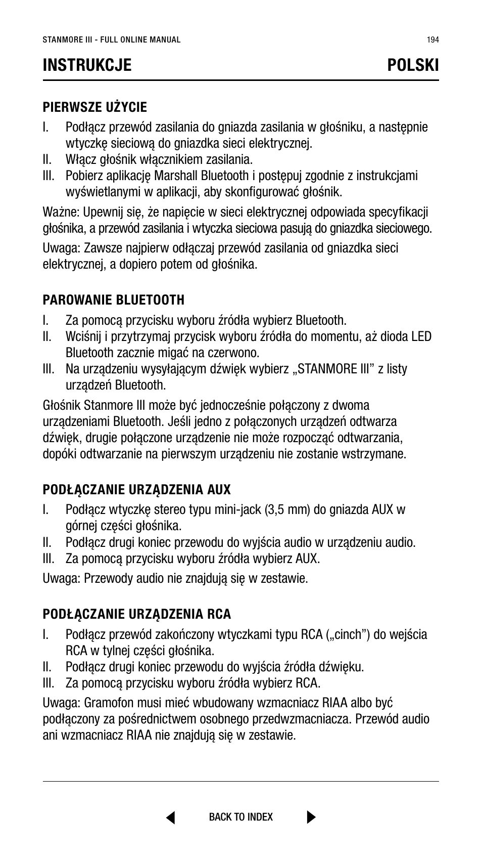 Instrukcje polski | Marshall Stanmore III Bluetooth Speaker System (Black) User Manual | Page 194 / 307