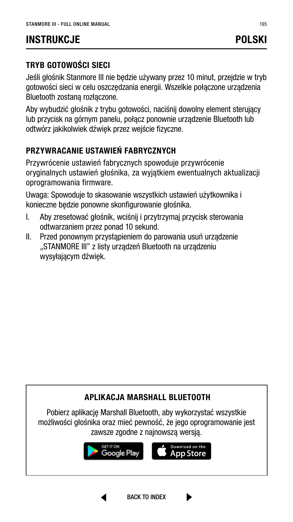 Instrukcje polski | Marshall Stanmore III Bluetooth Speaker System (Black) User Manual | Page 195 / 307