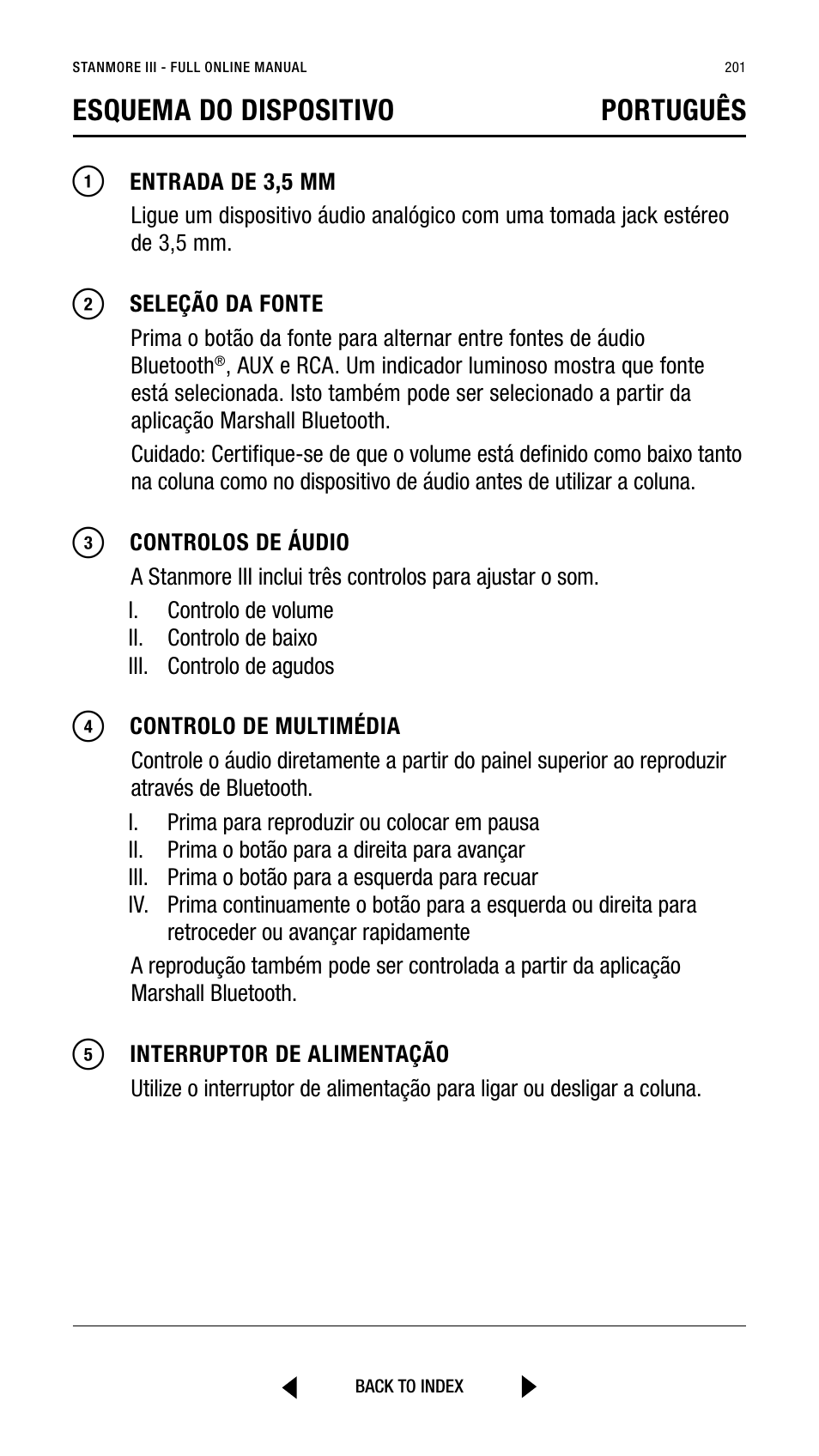 Esquema do dispositivo português | Marshall Stanmore III Bluetooth Speaker System (Black) User Manual | Page 201 / 307