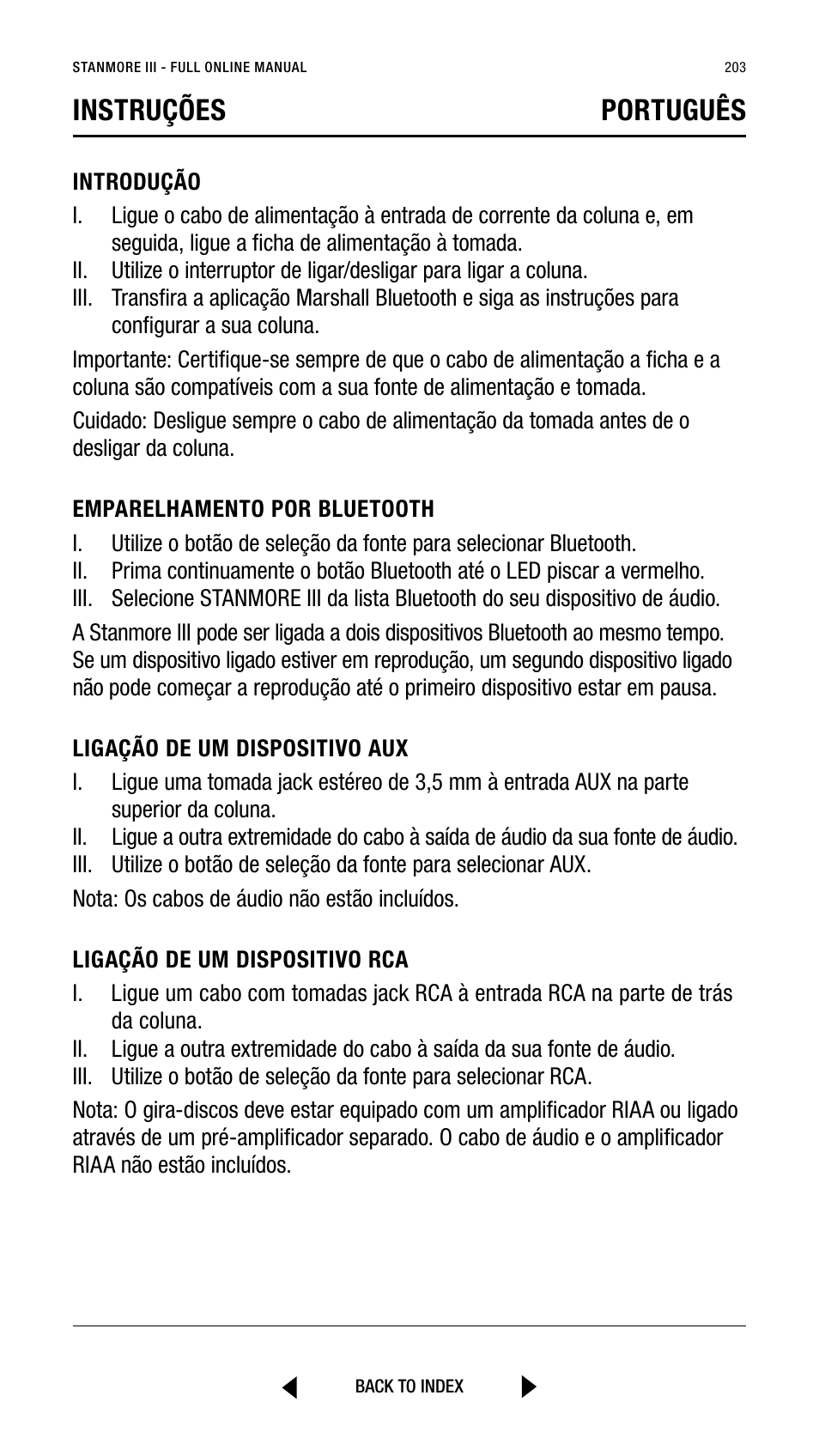 Instruções português | Marshall Stanmore III Bluetooth Speaker System (Black) User Manual | Page 203 / 307