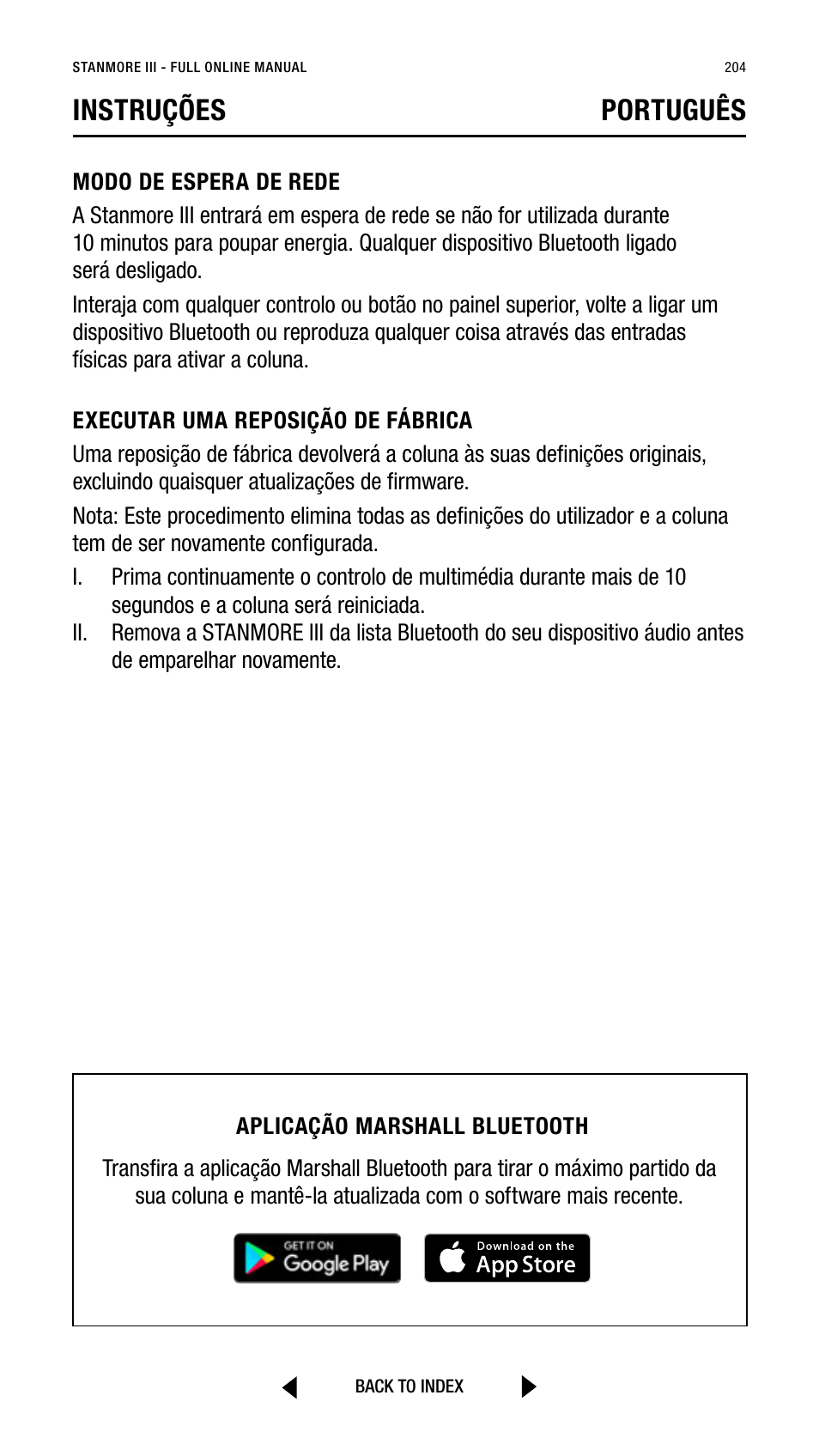 Instruções português | Marshall Stanmore III Bluetooth Speaker System (Black) User Manual | Page 204 / 307