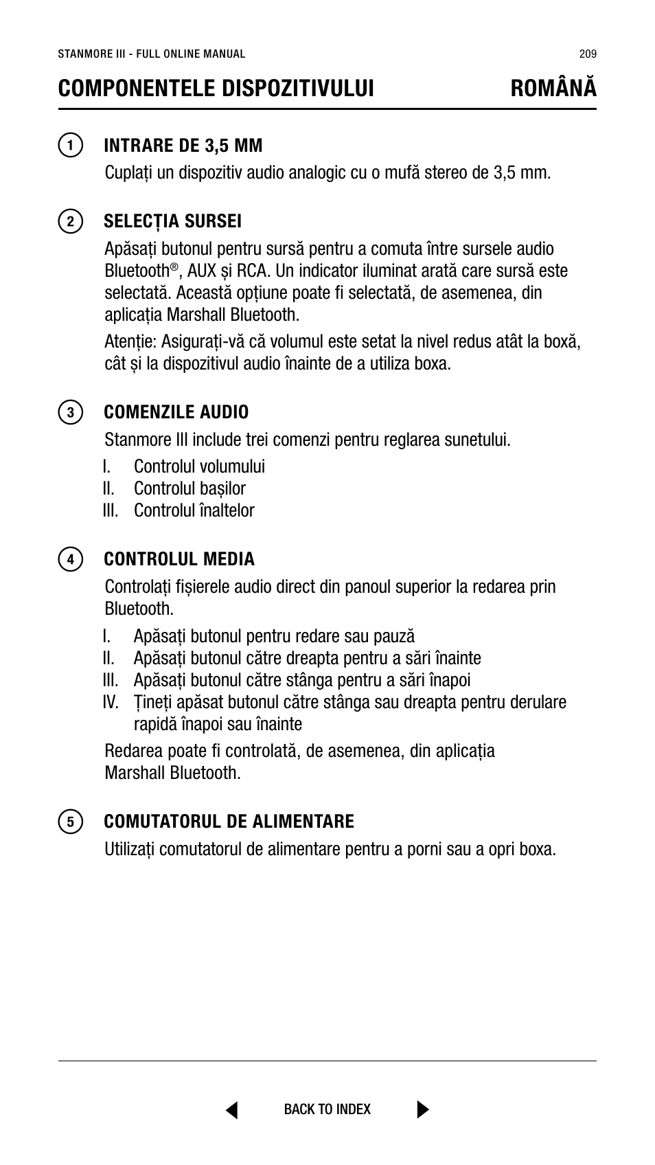 Componentele dispozitivului română | Marshall Stanmore III Bluetooth Speaker System (Black) User Manual | Page 209 / 307