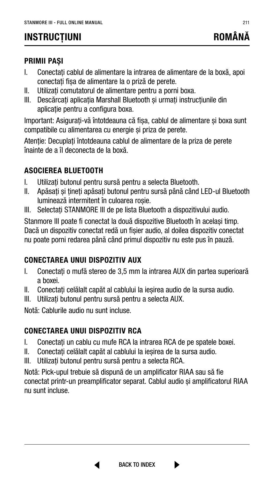 Instrucțiuni română | Marshall Stanmore III Bluetooth Speaker System (Black) User Manual | Page 211 / 307