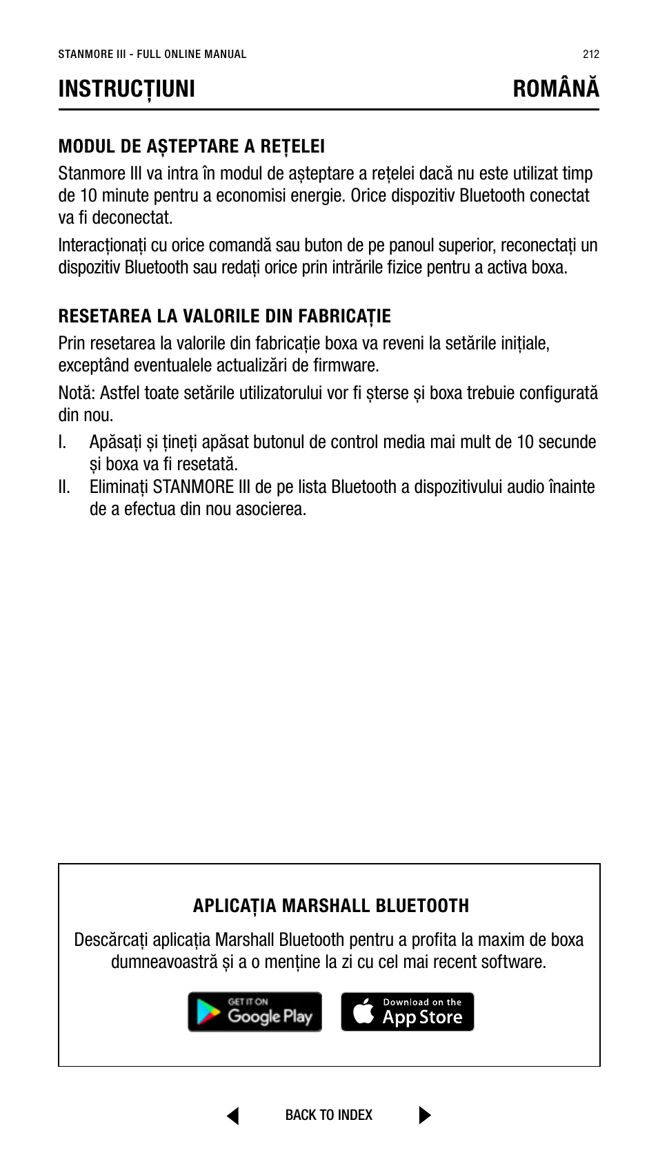 Instrucțiuni română | Marshall Stanmore III Bluetooth Speaker System (Black) User Manual | Page 212 / 307